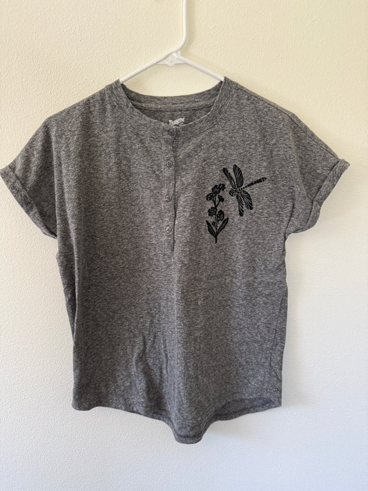 Flower + Dragonfly Button T-Shirt